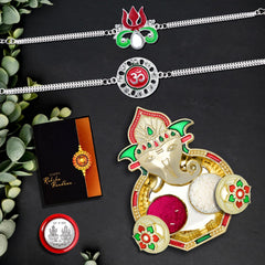 Rakhi Combo (K2_C7+C8_AA3) with Pooja Coin, Shri Ganesh Pooja Thali / Tilak Set & Greeting Card, Rakhi with plate, rakhi thali set, rakhi for brother kids, Fancy Rakhi for brother, Rakhi for Little brother, rakhi for brother and bhabhi, rakhi Set o