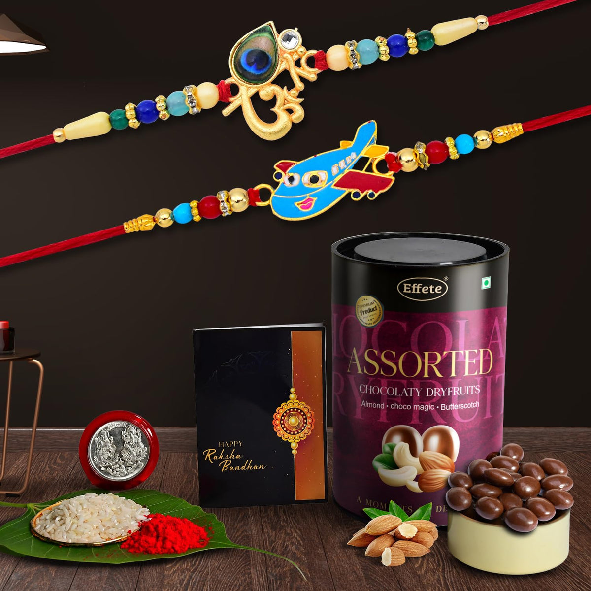 Rakhi (K2_267+438_AS) & Assorted Chocolate Dryfruits 96gm| Rakhi for brother with gift | Fancy Rakhis for men stylish |rakhi combo for brother | Set of 2 Rakhi | Chocolate|