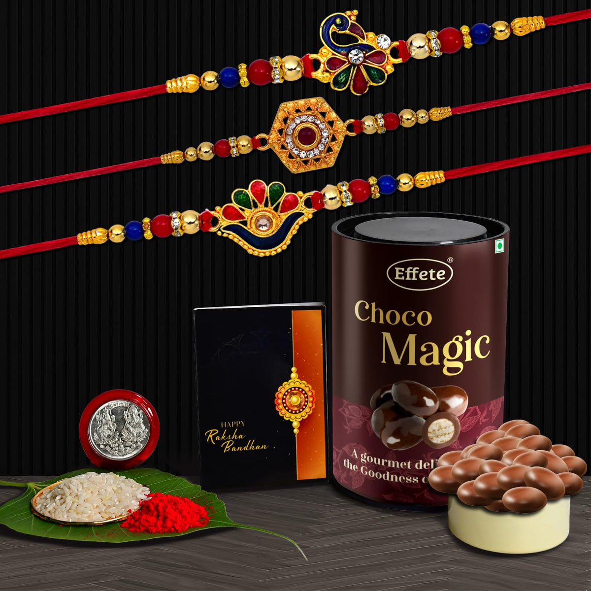 Rakhi (K3_313+314+315_EM) & Chocolate Magic, Rakhi & Chocolate for brother, Rakhi with chocolate, rakhi with gift, Rakhi Combo, Set of 3 Rakhi,  Chocolate