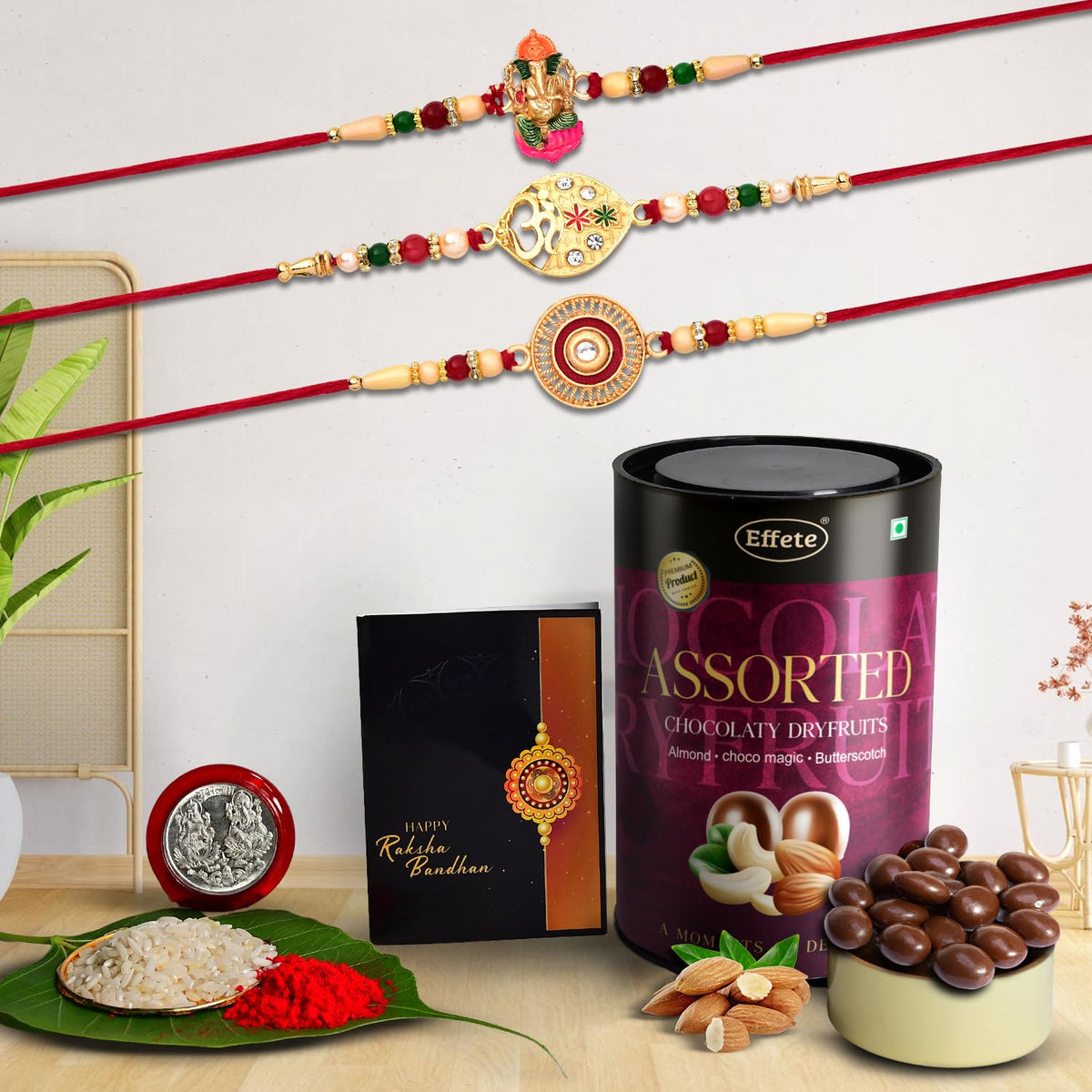 Rakhi (K3_251+258+263_AS) & Assorted Chocolate Dryfruits 96gm, Rakhi for brother with gift, Rakhi with chocolate, rakhi combo for brother, Set of 3 Rakhi,  Chocolate