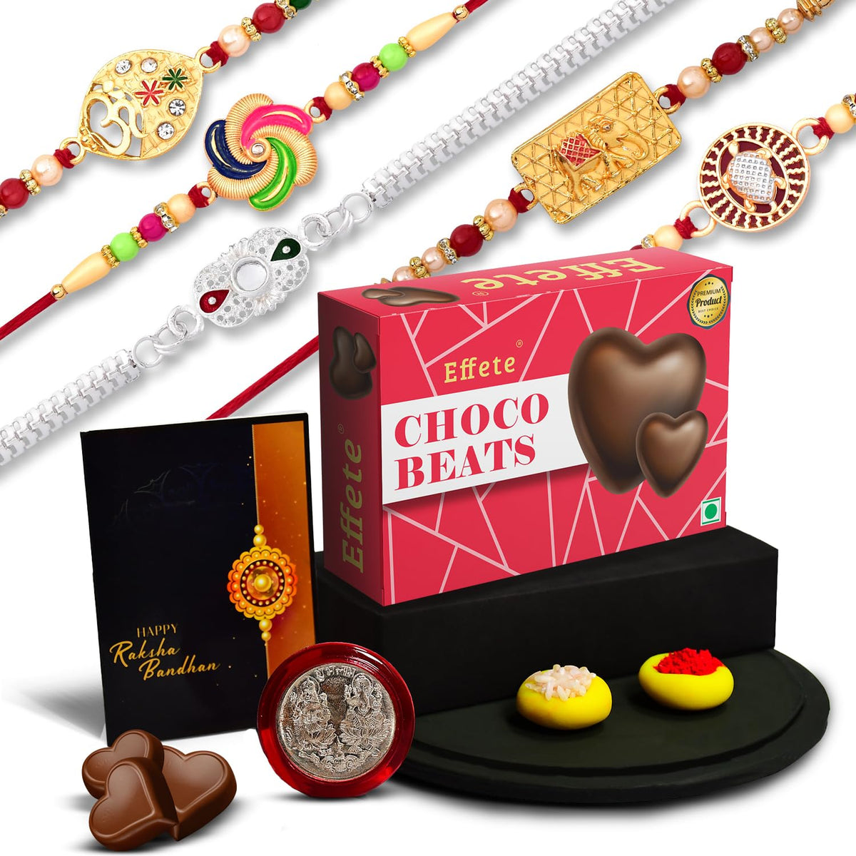 Rakhi combo Gift For Brother with center filled chocolate | Best Rakhi Collection | Rakhi Gift for Brother/Sister | Bracelet Rakhi | Rakhi Set Of 5| With Greeting Card,Roli-Chaval,Coin(K5_NC14_CB32)