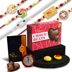 Rakhi combo Gift For Brother with center filled chocolate | Best Rakhi Collection | Rakhi Gift for Brother/Sister | Bracelet Rakhi | Rakhi Set Of 5| With Greeting Card,Roli-Chaval,Coin(K5_NC14_CB32)
