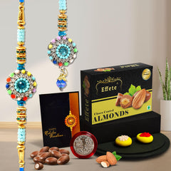 Rakhi For Brother And Bhabhi With Chocolate Almonds 32gm With Pooja Coin & Greeting Card, Bhai Bhabhi Rakhi Set With Gift, Rakhi For Brother And Bhabhi With Sweets, (K1_455_CA32)