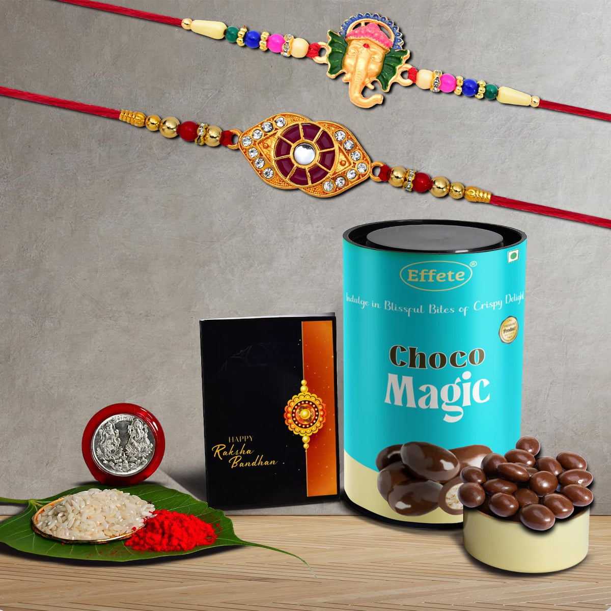 Rakhi (K2_554+555_CM) & Chocolate Magic, Rakhi for brother with gift, Rakhi with chocolate, rakhi combo for brother, Set of 2 Rakhi,  Chocolate