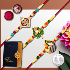 Traditional Rakhi Set With Ganesha, Om, And Decorative Patterns Pack Of 3 Designer Rakhis For Brothers Best Rakhi Combo For Brothers Attractive Rakhi Set Of 3 - Perfect For Siblings