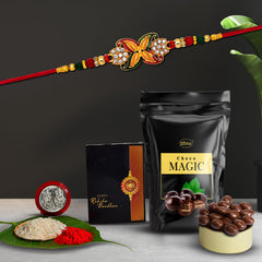 Rakhi Combo (K1_547_SM) & Choco Magic (Pouch) with Pooja Coin & Greeting Card | Rakhi Gift Hamper | Rakhi Combo with card and chocolate | chocolates gift | Rakhi & Chocolate for brother | rakhi with gift | rakhi set of 1