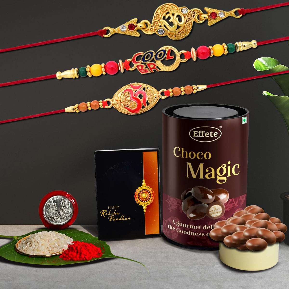 Rakhi (K3_403+404+406_EM) & Chocolate Magic, Rakhi for brother with gift, Rakhi with chocolate, rakhi combo for brother, Set of 3 Rakhi,  Chocolate