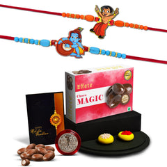 Rakhi Combo (K2_876+877_CM32) &  Chocolate Magic 32gm with Pooja Coin & Greeting Card, kids rakhi with gift, rakhi combo for kids, rakhi gift for kids, kids rakhi combo, Rakhi Gift Hamper, rakhi for kids boy, rakhi set of 2