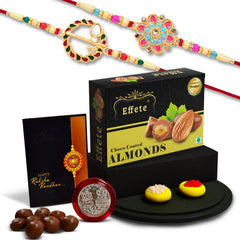 (K2_559+560_CA32) Rakhi Combo with Chocolate Almonds 32gm, Rakhi for brother with gift, chocolate gift pack, rakhi with Chocolate Gift Hemper, Fancy Rakhis for men, Set of 2 Rakhi