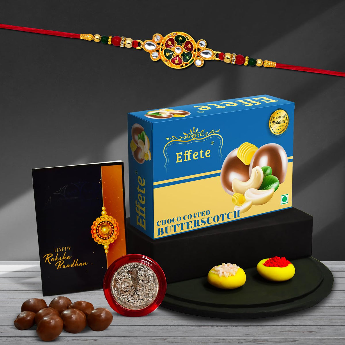Rakhi For Brother Set Of 1 with Chocolate Butter Scotch 32gm, Pooja Coin with Greeting Card (K1_532_BS32)
