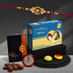 Rakhi For Brother Set Of 1 with Chocolate Butter Scotch 32gm, Pooja Coin with Greeting Card (K1_532_BS32)
