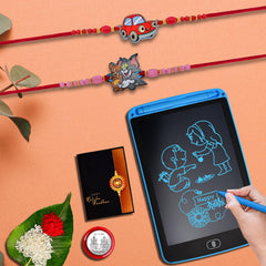 Rakhi Combo (K2_880+881_1360) & Tablet/Writing Pad for Kids with Pooja Coin & Greeting Card, rakhi for boys, Cartoon Rakhi, rakhi for kids, rakhi for brother kids, rakhi for kids boy, kids rakhi with gift, rakhi with gift for kids, rakhi set of 1
