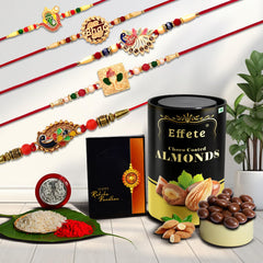 (K5_Nc4_Bs32) Multicolor Bracelet/ Rakhi With  Chocolate Butter Scotch, Silver Color Pooja Coin, Roli Chawal & Greeting Card| Handmade Rakhi |Stylish Set Of 5 Rakhi |