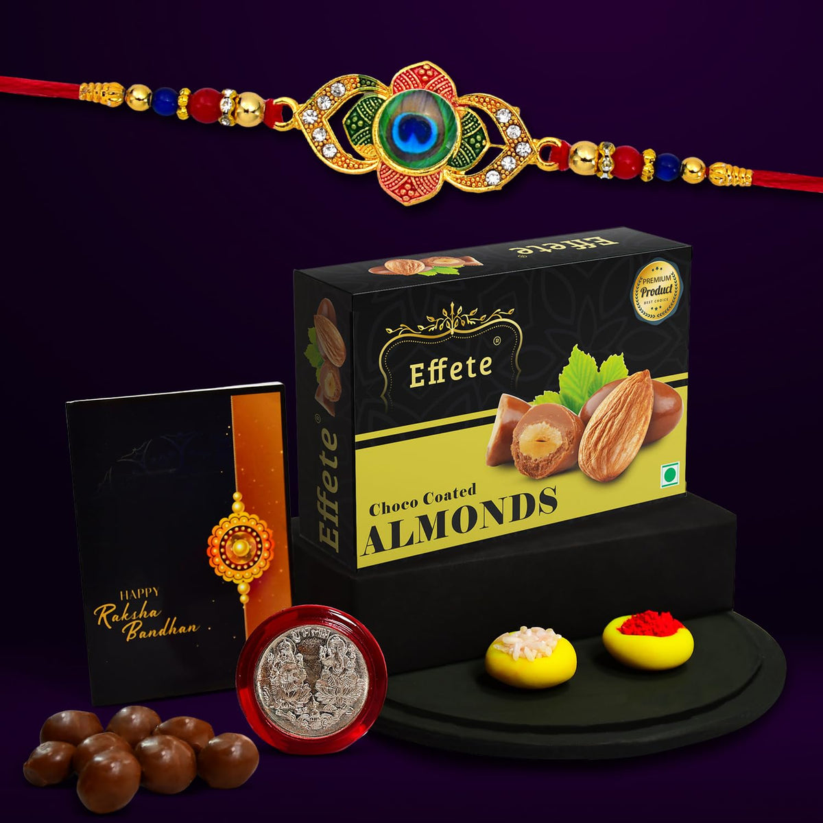 Rakhi For Brother Set Of 1 with Chocolate Almonds 32gm, Pooja Coin with Greating Card, Rakhi For Kids, Brother and Bhabhi, Rakhi With Chocolate, Sweets, Rakhi Gift, Rakhi Combo (K1_549_CA32)