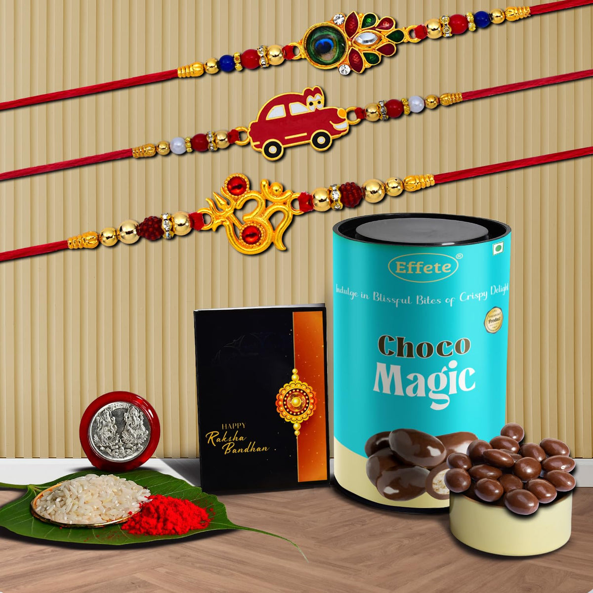 Rakhi (K3_316+317+319_CM) & Chocolate Magic, Rakhi Combo with card and chocolate, chocolates gift pack, Rakhi & Chocolate for brother, rakhi with gift, Set of 3 Rakhi