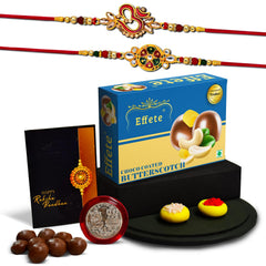 (K2_551+552_BS32) Rakhi Combo with  Chocolate Butter Scotch 32gm, Pooja Coin & Greeting Card, Rakhi Gift Hamper, stylish rakhi for brother, Rakhi & Chocolate for brother, rakhi brother, rakhi with gift, handmade rakhi, rakhi set of 2