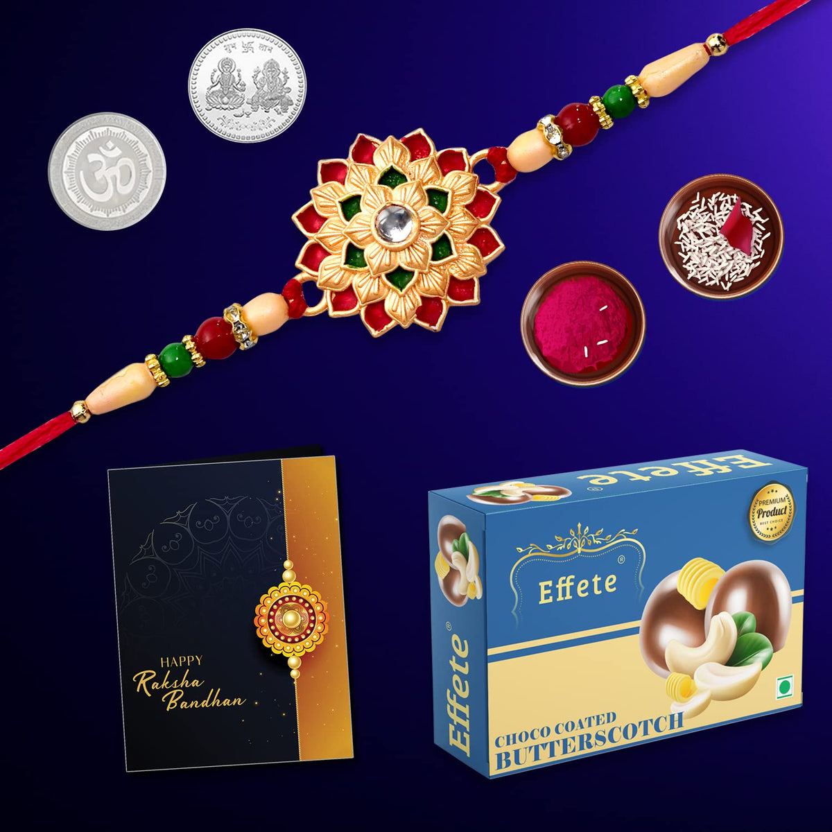 Multicolor Rakhi Combo with  Chocolate Magic 32gm, Silver Color Pooja Coin, Roli Chawal & Greeting Card, Occasion, Rakhi & Chocolate for brother, bracelets for men stylish, rakhi with gift, Rakhi Combo, Set of 2 Rakhi, Rakhi Chocolate Gift co