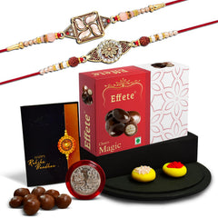 Rakhi For Brother Set Of 2 with Chocolate Magic 32gm, Pooja Coin & Greeting Card, Rakhi For Brother And Bhabhi, Rakhi With Sweets(K2_425+426_EM32)