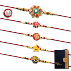 Rakhi Set With Ganesh And Floral Designs Pack Of 5 Designer Rakhis For Brothers Best Combo For Brothers Attractive Set Of 5 - Perfect For Siblings
