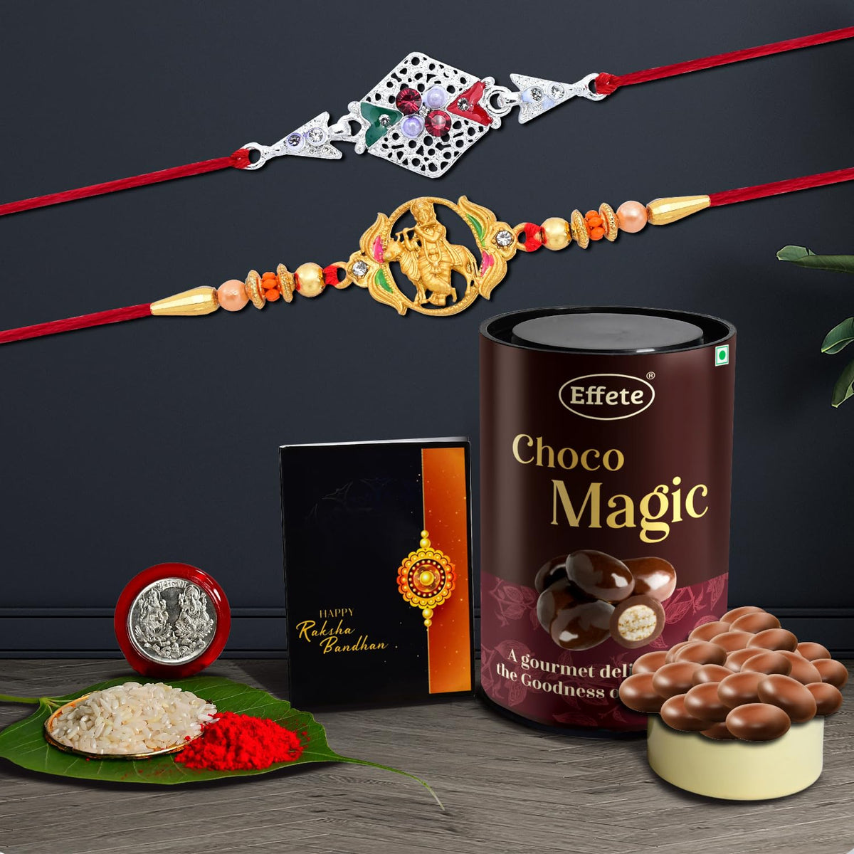 (K2_909+A42_EM) Rakhi Combo with Chocolate Magic, Rakhi & Chocolate for brother, Rakhi with chocolate, rakhi with gift, Rakhi Combo, Set of 2 Rakhi,  Chocolate