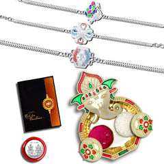 Rakhi Combo with (K3_C33+D10+D11_AA3) with Pooja Coin, Shri Ganesh Pooja Thali / Tilak Set & Greeting Card Rakhi with plate | rakhi thali set | rakhi in silver | rakhi hamper | handmade rakhi | rakhi for brother kids | rakhi for brother and bhabhi