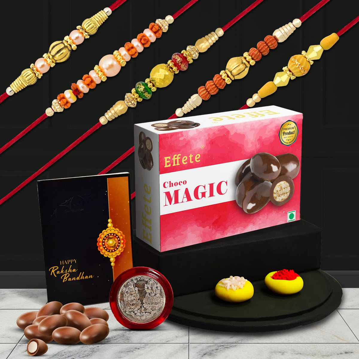(K5_NC107_CM32) Rakhi Combo with  Chocolate Magic 32gm, Pooja Coin & Greeting Card, Rakhi Gift Hamper, Rakhi for brother with gift, chocolate gift pack, rakhi with Chocolate Gift Hemper, Fancy Rakhis for men, rakhi set of 5