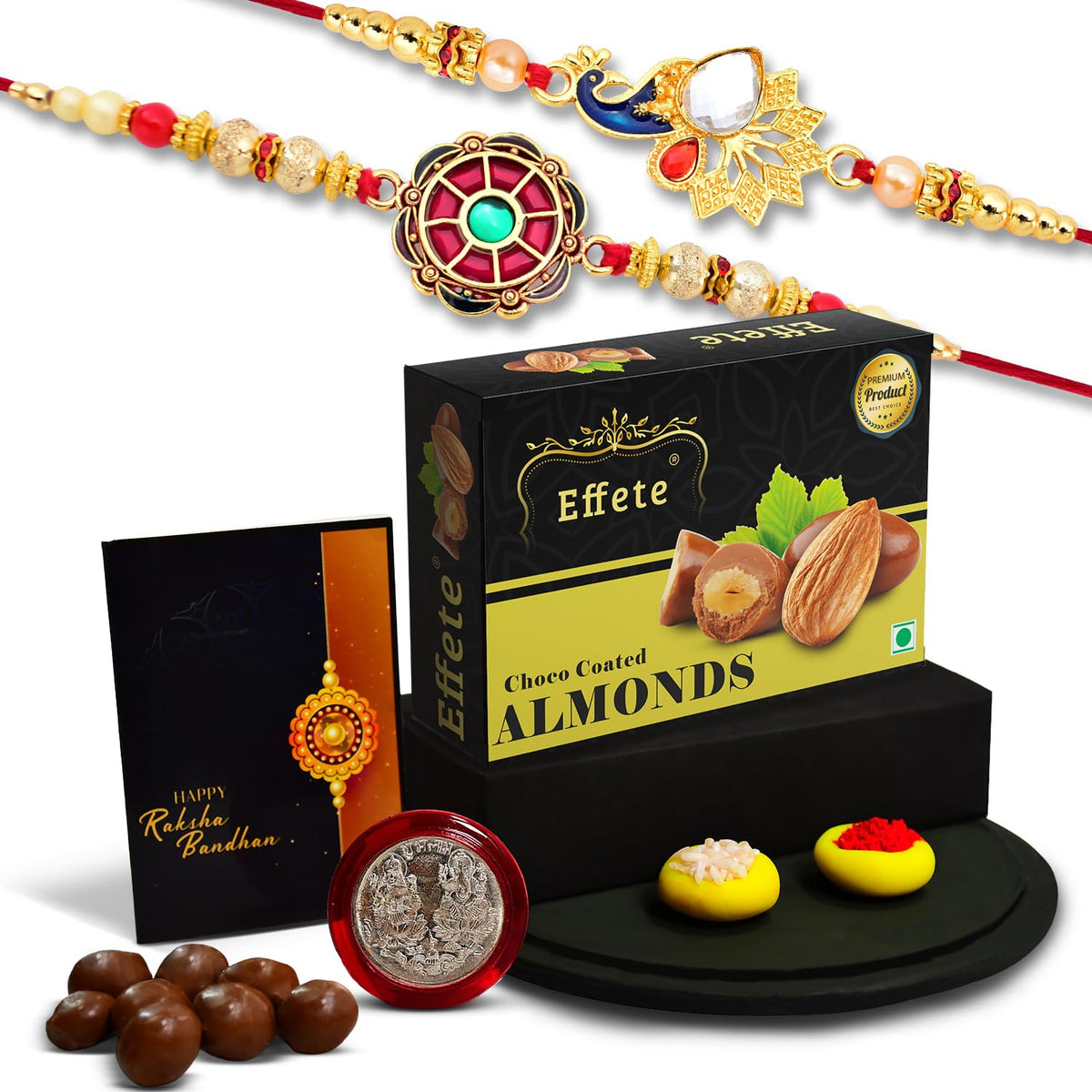 Rakhi Brother Set Of 2 Combo & Chocolate Almonds 32Gm Pooja Coin & Greeting Card, Rakhi Chocolate, Rakhi Kids, Rakhi Set, Rakhi Combo, Rakhi Sweets (K2_414+415_Ca32)