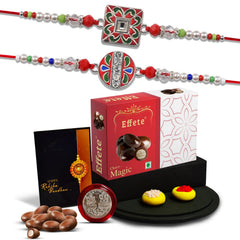 Rakhi Combo (K2_551+552_Em32) & Chocolate Magic 32Gm Pooja Coin & Greeting Card, Rakhi Gift Hamper, Handmade Rakhi, Combo Brother, Stylish Rakhi Brother, Rakhi Set Of 2
