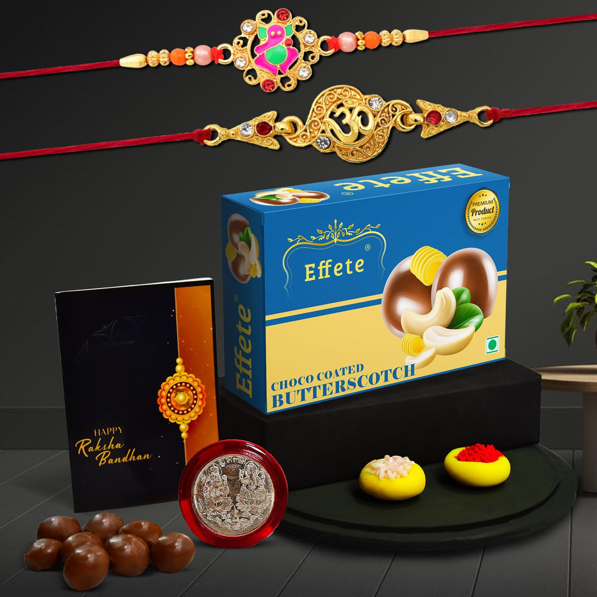 Rakhi (K2_404+405_BS32) & Chocolate Butter Scotch 32gm, Rakhi for brother with gift, Rakhi with chocolate, rakhi combo for brother, Set of 2 Rakhi, Chocolate
