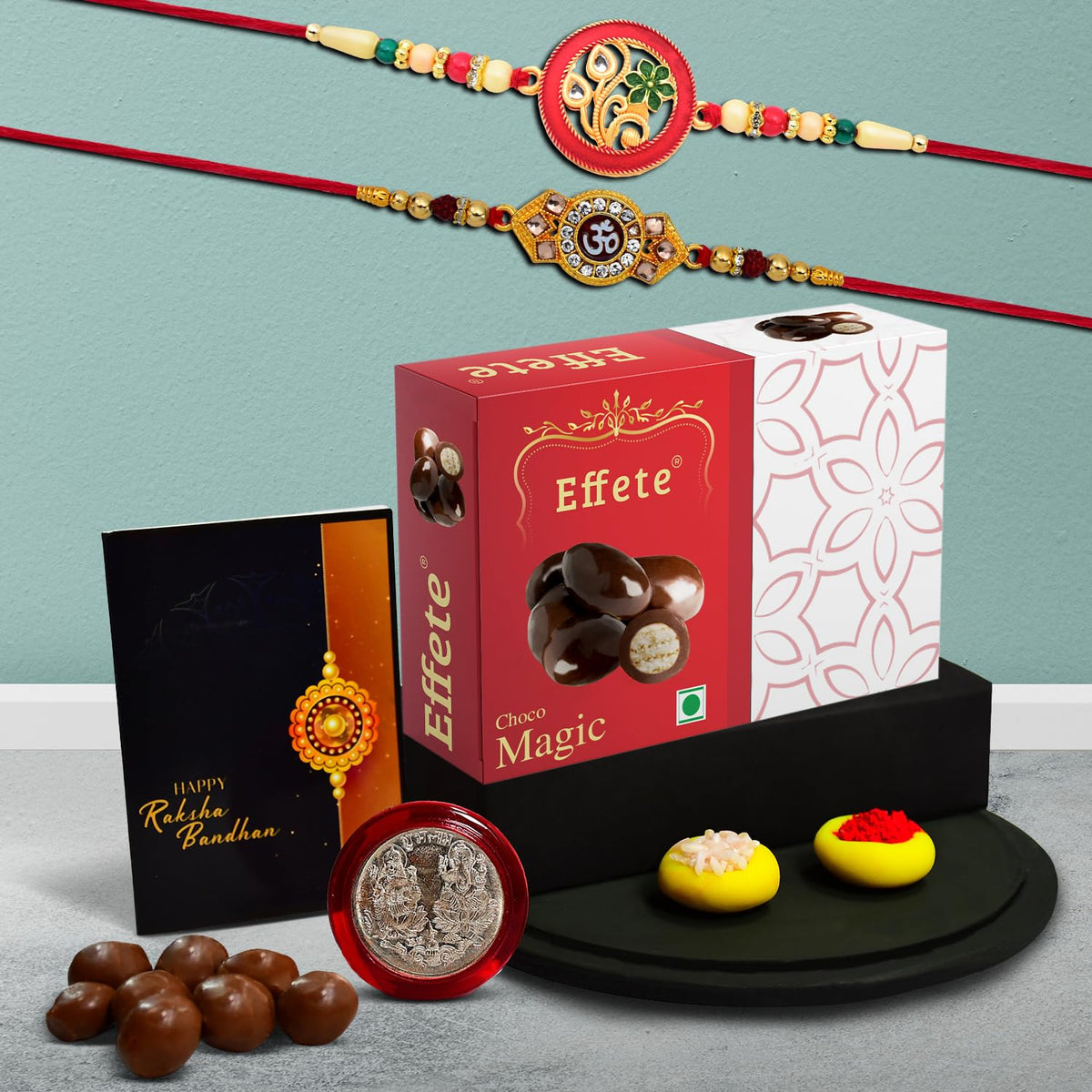 Rakhi (K2_517+518_EM32) & Chocolate Magic 32gm, Rakhi Combo with card and chocolate, chocolates gift pack, Rakhi & Chocolate for brother, rakhi with gift, Set of 2 Rakhi