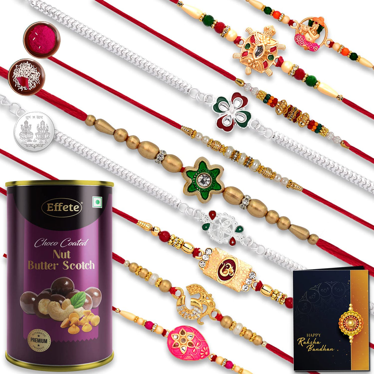Rakhi combo Gift For Brother with chocolate butterscotch | Best Rakhi Collection | New Rakhi | Rakhi Gift Pack for Sister | Rakhi Set Of 10| With Greeting Card,Roli-Chaval,Coin(K10_MC11_BS)