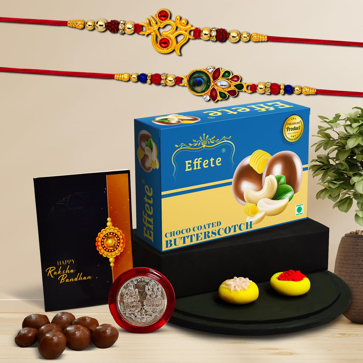 Rakhi (K2_317+319_BS32) & Chocolate Butter Scotch 32gm, Rakhi & Chocolate for brother, Rakhi with chocolate, rakhi with gift, Rakhi Combo, Set of 2 Rakhi, Chocolate