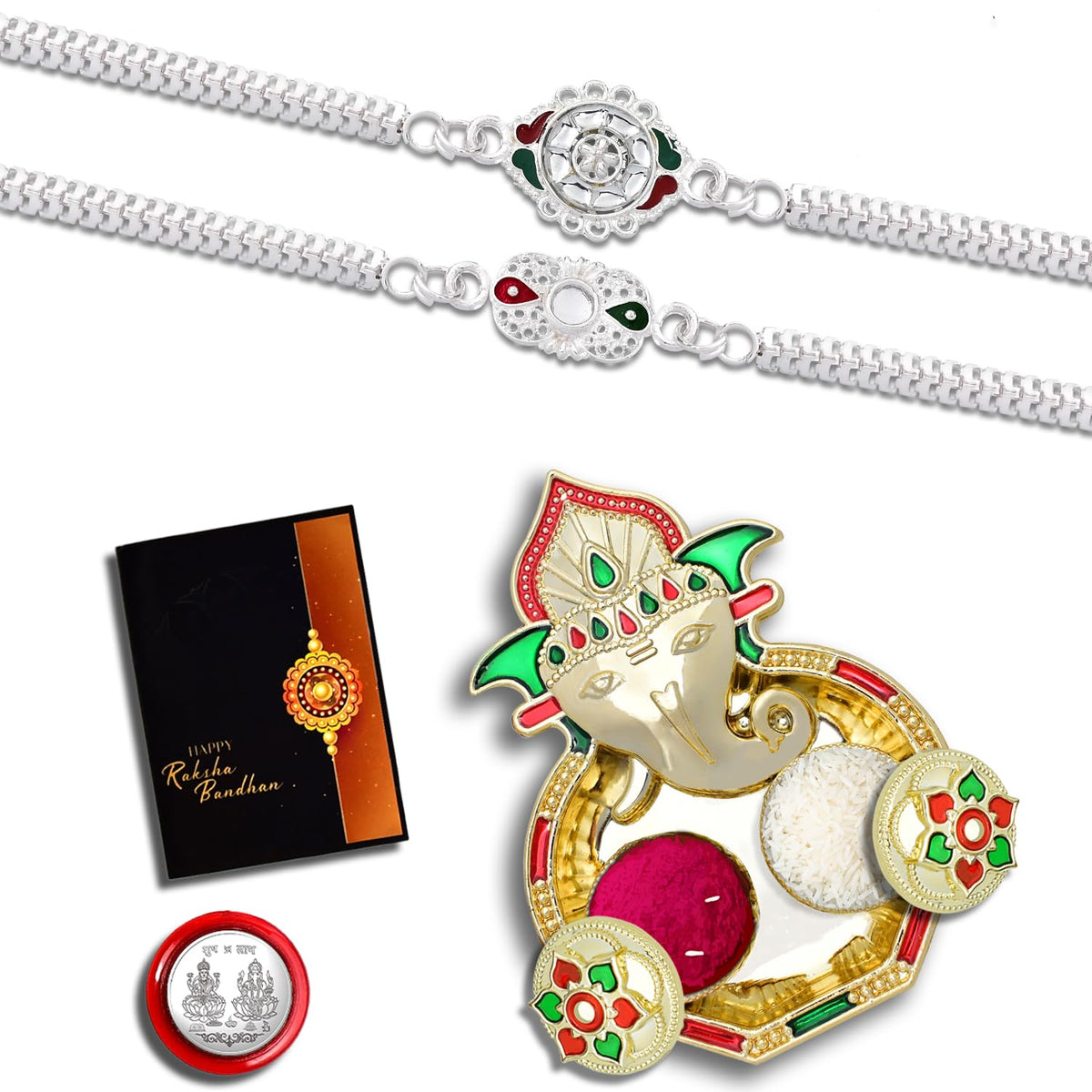 Rakhi Combo (K2_C15+C16_AA3) with Pooja Coin, Shri Ganesh Pooja Thali / Tilak Set & Greeting Card, rakhi thali set | Rakhi with plate | bhaiya bhabhi rakhi set | rakhi hamper | handmade rakhi | rakhi for brother and bhabhi | rakhi for brother kids