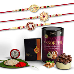 Rakhi combo Gift For Brother with Almond-butterscotch-biscuit choco Mix | Best Rakhi Collection | Rakhi Gift for Brother/Sister | Bracelet Rakhi | Rakhi Set Of 3| With Greeting Card,Roli-Chaval,Coin(K3_284+285+286_AS)