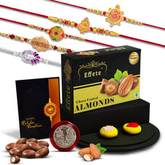 Rakhi For Brother Set Of 5 &  Chocolate Combo with Silver Color Pooja Coin, Rakhi With Greeting Card (K5_NC5_CA32)