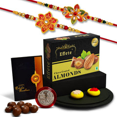 Rakshabandhan Floral Rakhi For Brother Set Of 2 With Chocolate Almonds 32gm (K2_522+526_CA32)