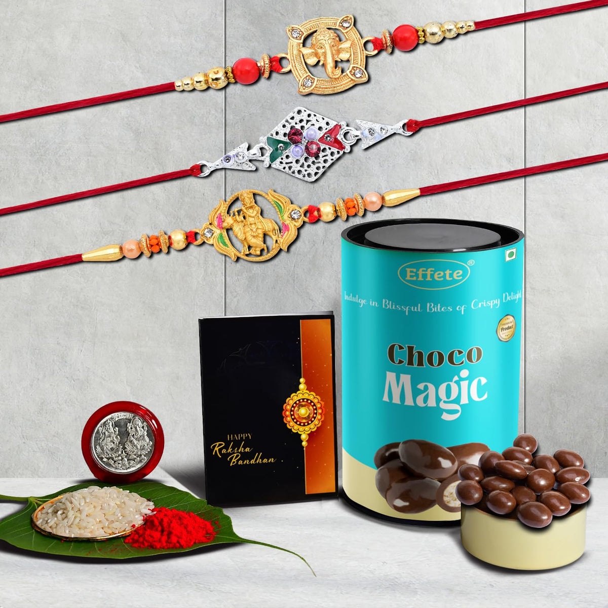 (K3_908+909+A42_CM) Rakhi Combo with Chocolate Magic | Rakhi for brother with gift | Fancy Rakhis for men stylish |rakhi combo for brother | Set of 3 Rakhi |  Chocolate |