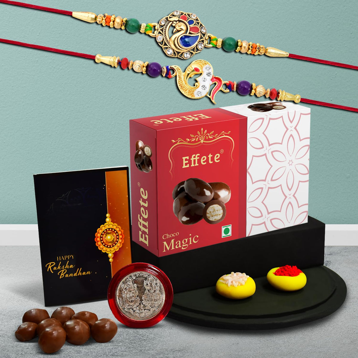 Rakhi (K2_408+411_EM32) & Chocolate Magic 32gm| Rakhi for brother with gift | handmade rakhi |rakhi combo for brother | stylish rakhi for brother | Set of 2 Rakhi |
