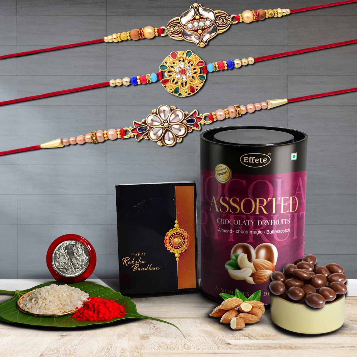 Rakhi (K3_428+429+430_AS) & Assorted Chocolate Dryfruits 96gm| Rakhi for brother with gift | handmade rakhi |rakhi combo for brother | stylish rakhi for brother | Set of 3 Rakhi |