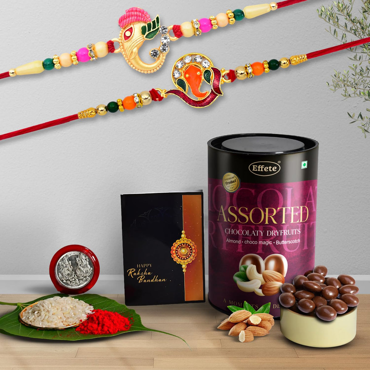 Rakhi (K2_251+258_AS) & Assorted Chocolate Dryfruits 96gm, Rakhi & Chocolate for brother, Rakhi with chocolate, rakhi with gift, Rakhi Combo, Set of 2 Rakhi, Chocolate