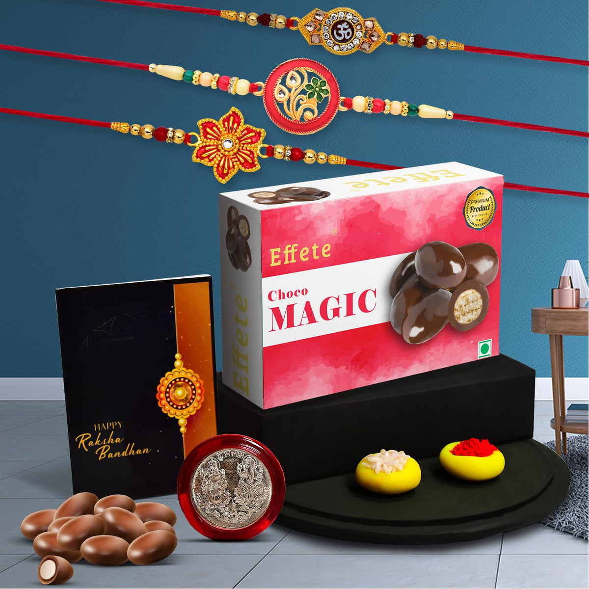 Rakhi (K3_517+518+522_CM32) & Chocolate Magic 32gm, Rakhi & Chocolate for brother, Rakhi with chocolate, rakhi with gift, Rakhi Combo, Set of 3 Rakhi,  Chocolate