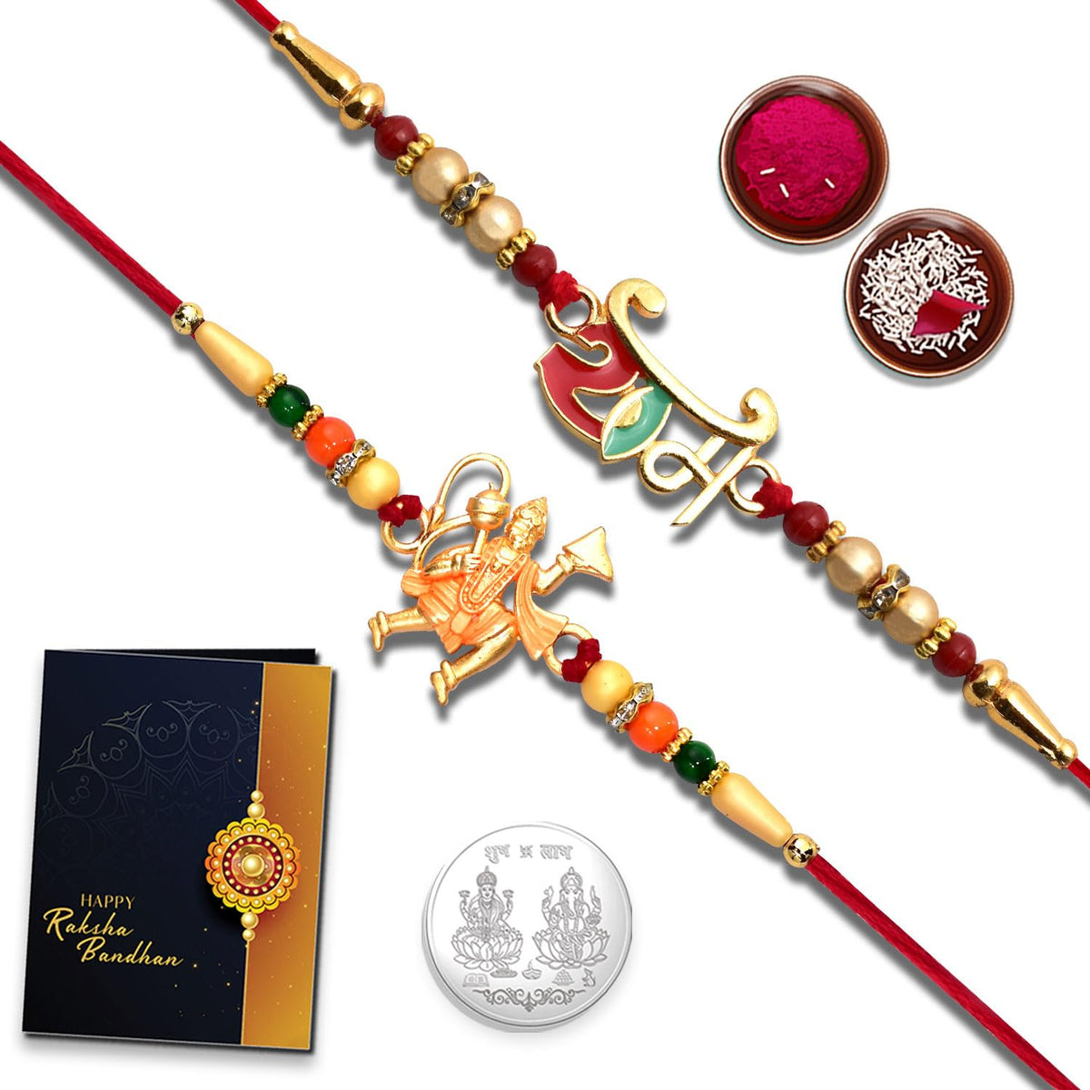 Unisex-Adult Rakhi (K2_546+556) Pooja Coin & Rakhi Card, Rakhi For Brother & Bhabhi, Rakhi For Brother, Silver Rakhi For Brother, Lumba Rakhi For Bhabhi, Bhai Bhabhi Rakhi Set Of 1