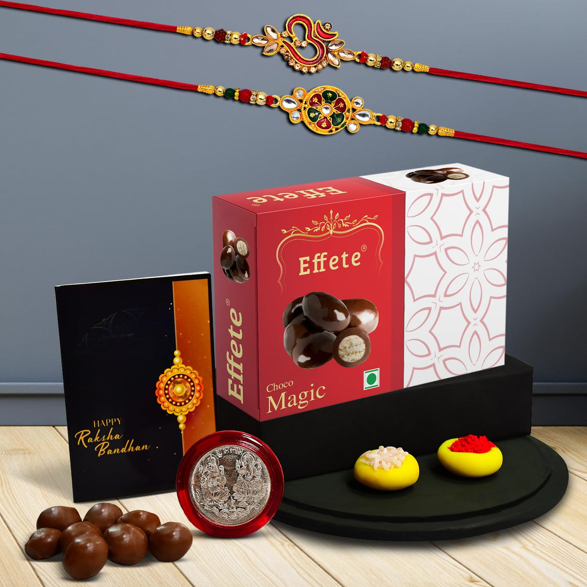 Rakshabandhan OM Rakhi For Brother | Floral Design Rakhi | Set Of 2 with Chocolate Magic 32gm (K2_551+552_EM32)