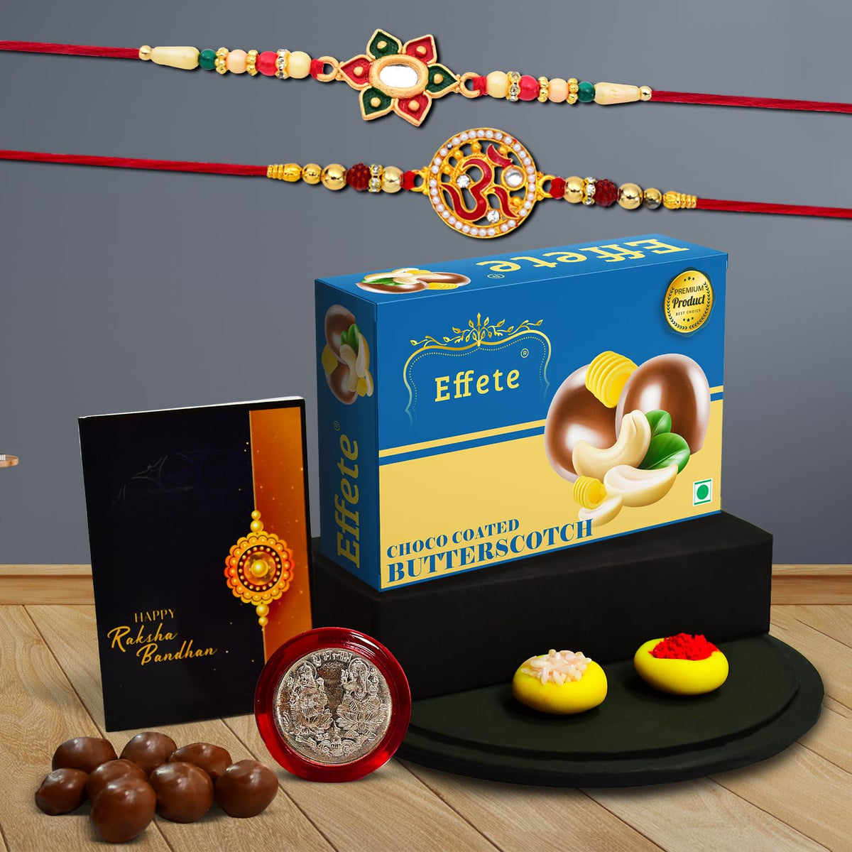 Rakhi (K2_271+272_BS32) & Chocolate Butter Scotch 32gm, Rakhi Combo with card and chocolate, chocolates gift pack, Rakhi & Chocolate for brother, rakhi with gift, Set of 2 Rakhi