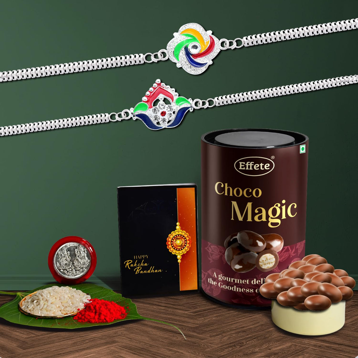 Rakhi (K2_C9+C10_EM) & Chocolate Magic, Rakhi Combo with card and chocolate, chocolates gift pack, Rakhi & Chocolate for brother, rakhi with gift, Set of 2 Rakhi