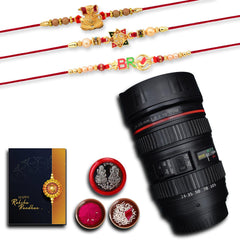 Rakhi Combo (K3_3+10+12_M720) Camera Lens Coffee Mug with Pooja Coin & Greeting Card, rakhi mug, rakhi with mug, rakhi for brother with mug, rakhi mug, rakhi mug for brother, Rakhi with Gift of mug, rakhi for younger brother, rakhi set of 3