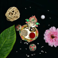 (K3_C14+C15+C16_AA3) Rakhi Combo with Pooja Coin, Shri Ganesh Pooja Thali / Tilak Set & Greeting Card Rakhi with plate | rakhi thali set | rakhi for brother kids | rakhi in silver | rakhi hamper | handmade rakhi | rakhi for brother & bhabhi | rakhi