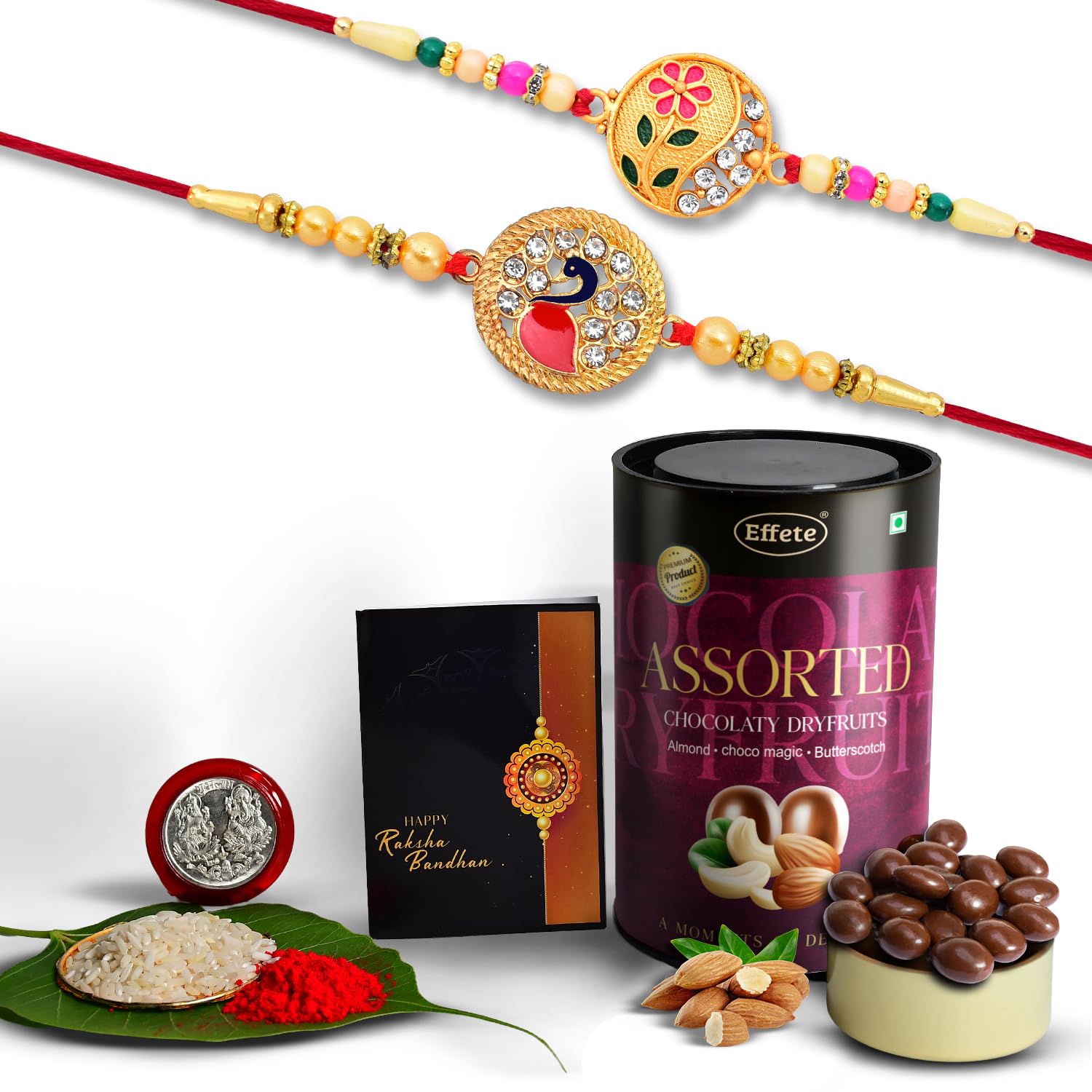 Rakhi (K2_431+507_AS) & Assorted Chocolate Dryfruits 96gm, Rakhi & Chocolate for brother, Rakhi with chocolate, rakhi with gift, Rakhi Combo, Set of 2 Rakhi, Chocolate