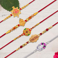 Rakhi For Brother Set Of 5 &  Chocolate Combo with Silver Color Pooja Coin, Rakhi With Greeting Card (K5_NC5_CA32)