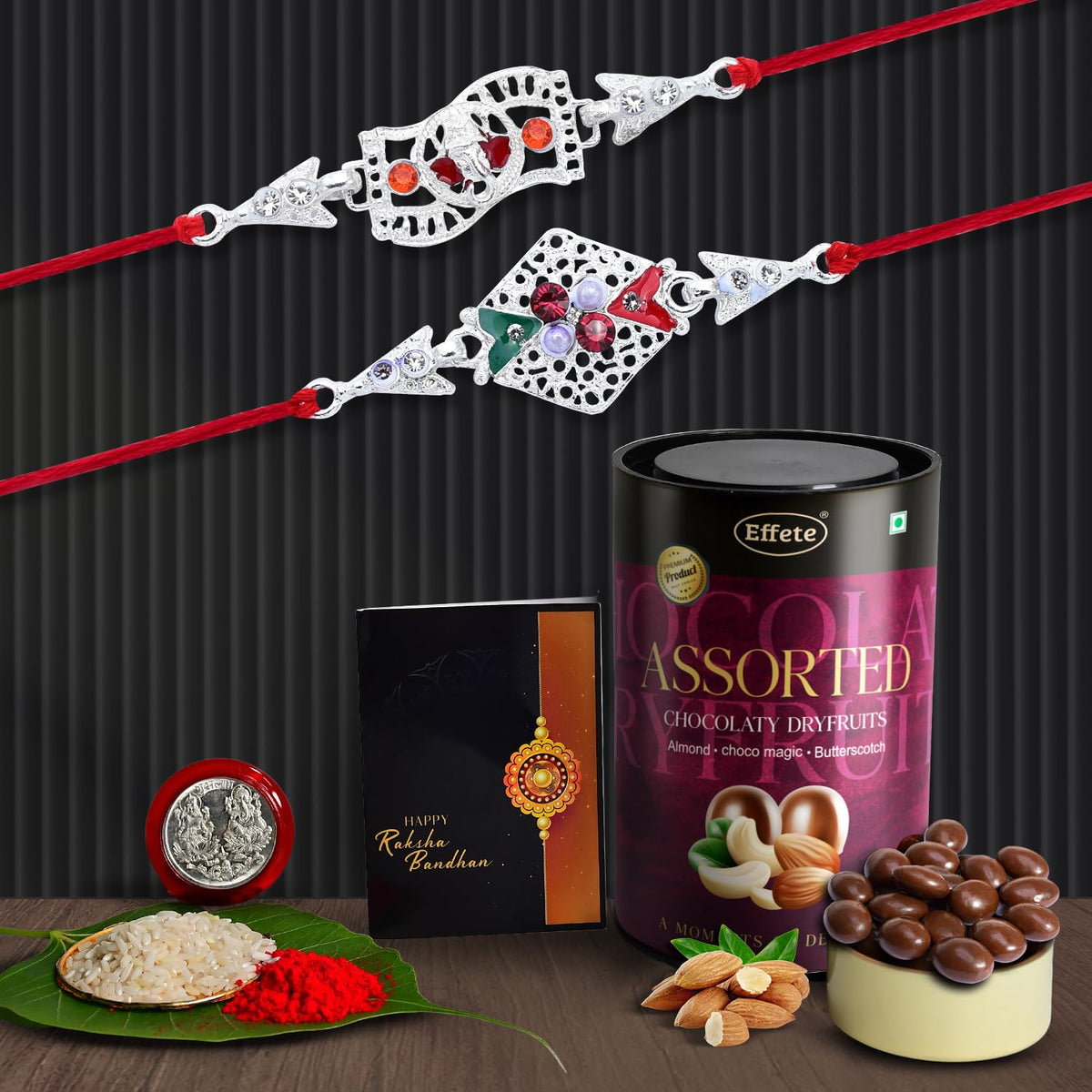 (K2_A42+A43_AS) Rakhi Combo with Assorted Chocolate Dryfruits 96gm| Rakhi for brother with gift | Fancy Rakhis for men stylish |rakhi combo for brother | Set of 2 Rakhi |  Chocolate |